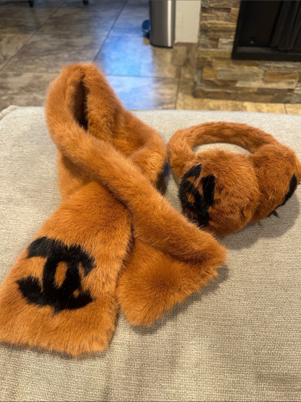 Brown Faux Fur Scarf and Earmuffs with Black Logos set